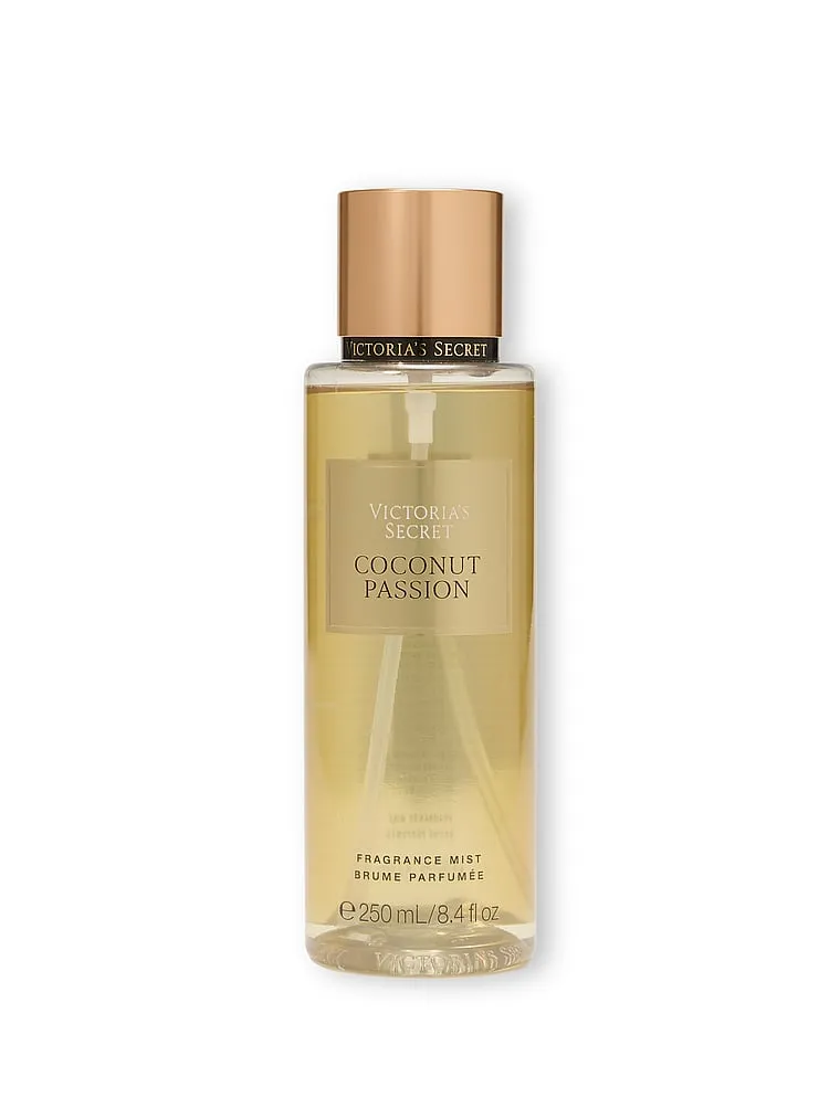 Vista frontal del body mist Victoria's Secret Coconut Passion de 250 ml sobre fondo blanco.