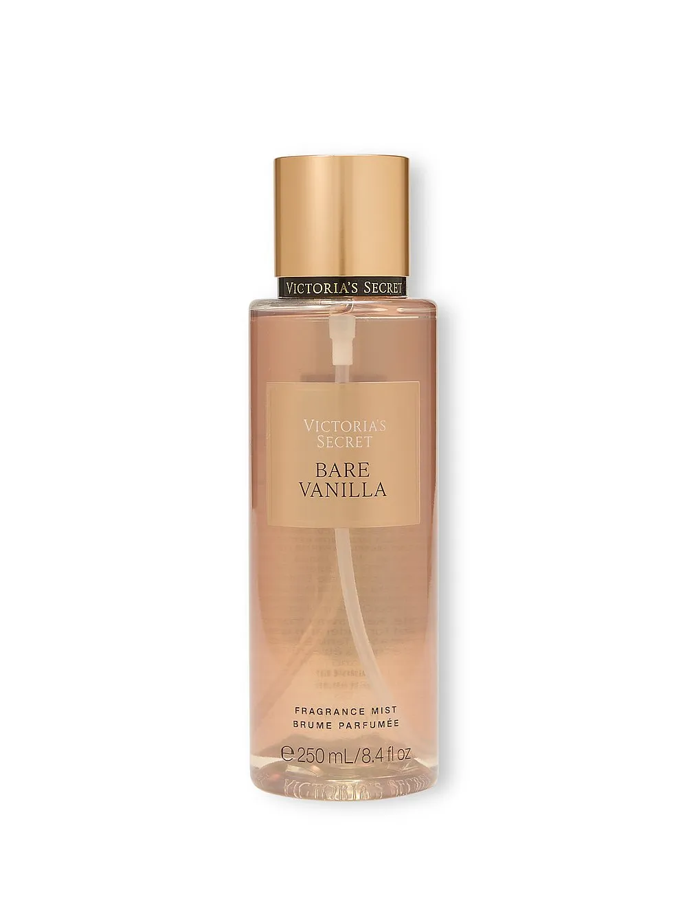Botella de body mist Victoria's Secret Bare Vanilla de 250 ml sobre fondo blanco.