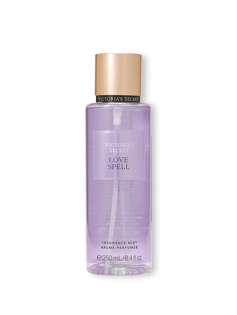 Botella de body mist Victoria's Secret Love Spell de 250 ml sobre fondo blanco.