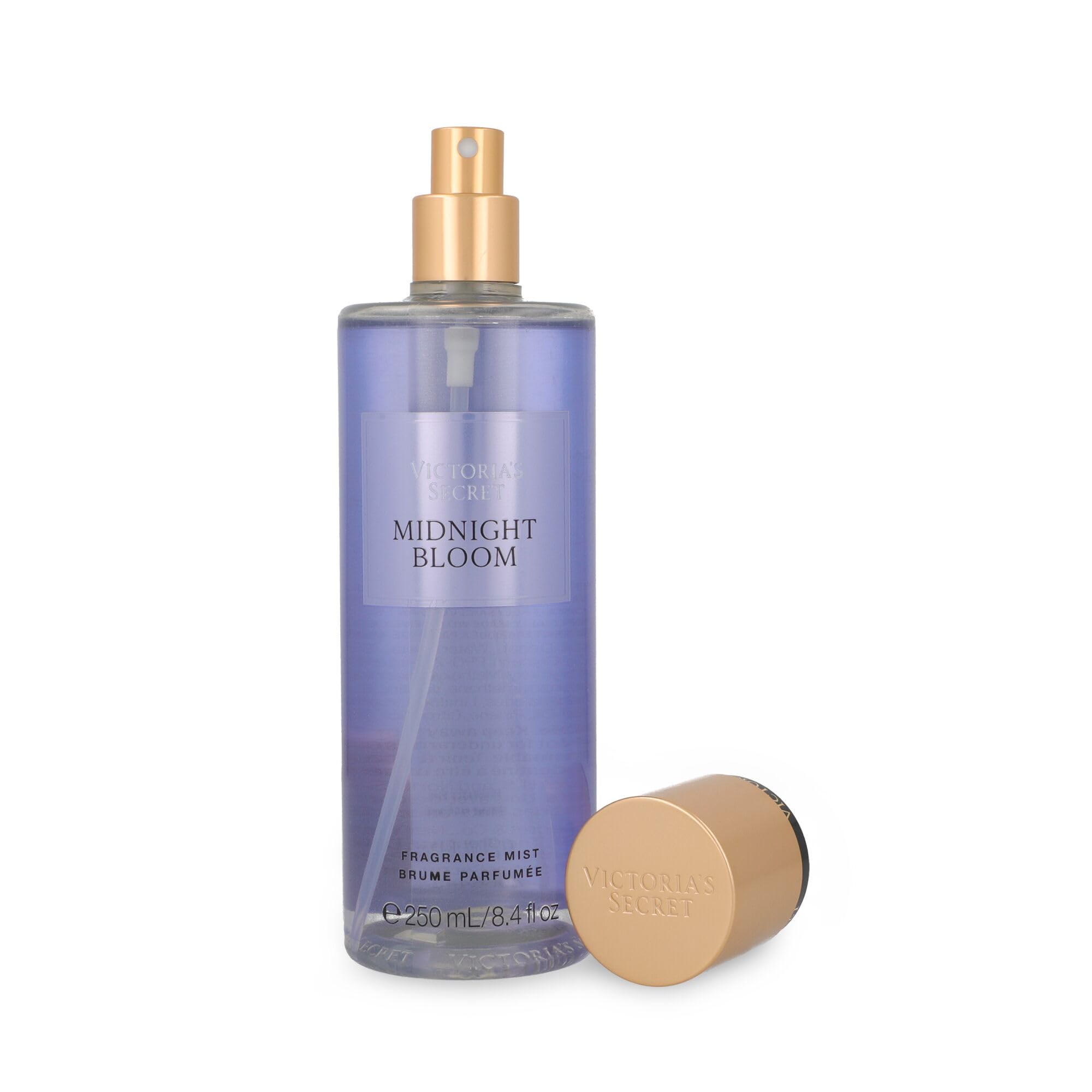 Botella de body mist Victoria's Secret Midnight Bloom de 250 ml con tapa dorada a un lado.