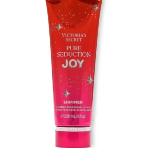 Vista frontal de la loción corporal Victoria's Secret Pure Seduction Joy Shimmer de 236 ml sobre fondo blanco.