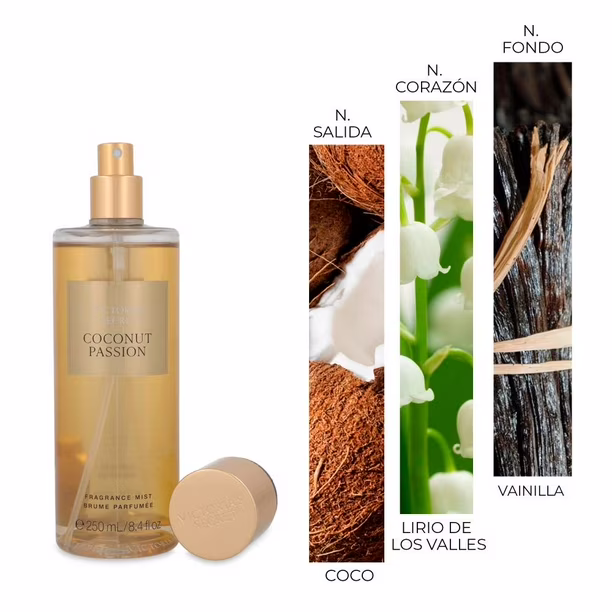 Body mist Victoria's Secret Coconut Passion de 250 ml con gráfico de notas olfativas (coco, lirio de los valles, vainilla).