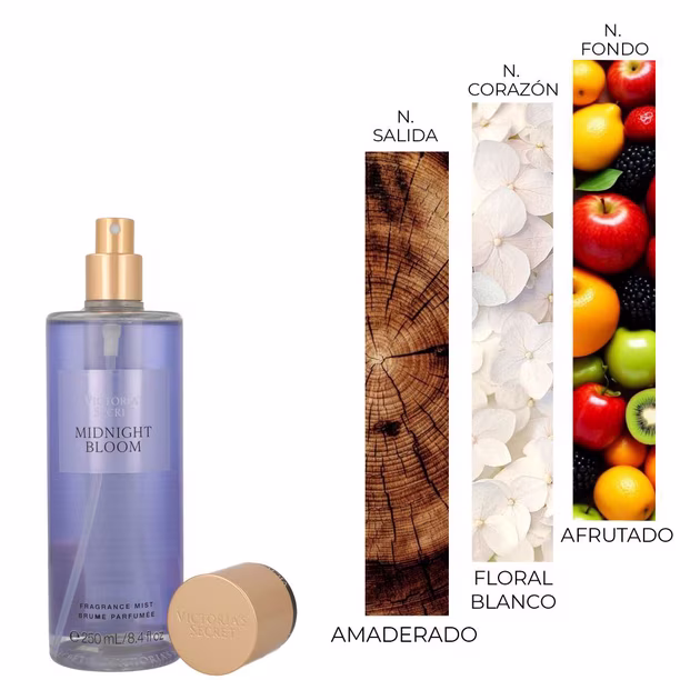Body mist Victoria's Secret Midnight Bloom de 250 ml con gráfico de pirámide olfativa amaderada, floral y frutal.