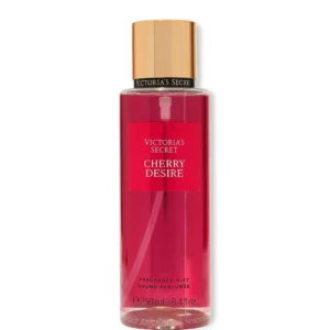 Botella de body mist Victoria's Secret Cherry Desire de 250 ml con tapa dorada.