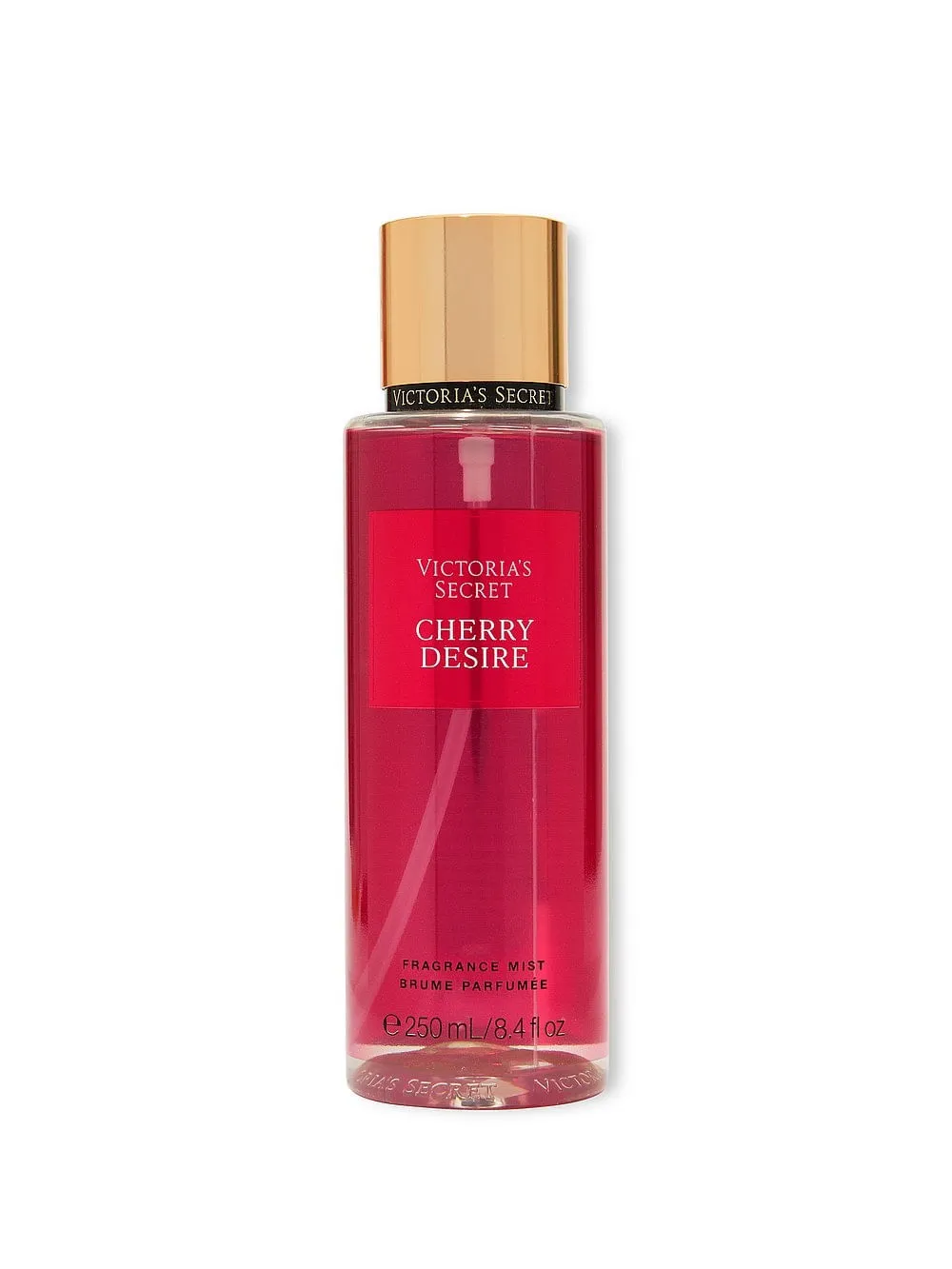 Botella de body mist Victoria's Secret Cherry Desire de 250 ml con tapa dorada.