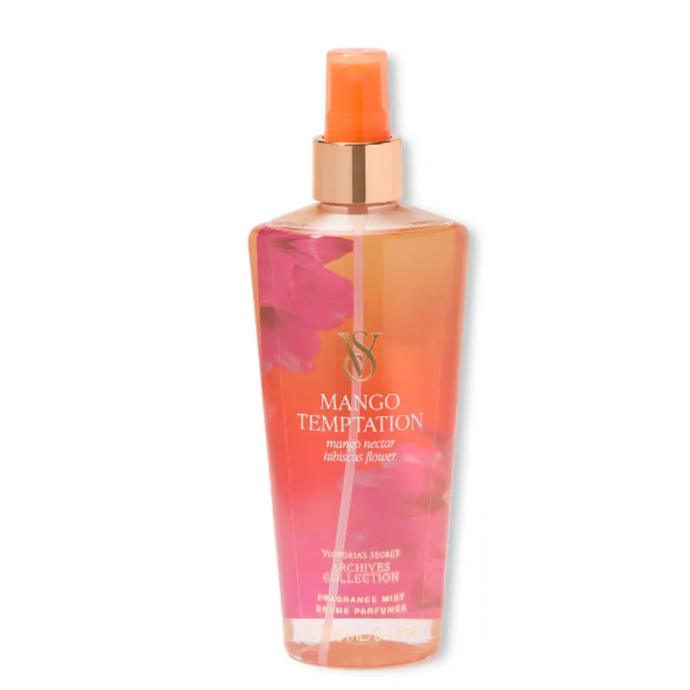 Body mist Victoria's Secret Mango Temptation de 250 ml sobre una tela blanca de rizo.
