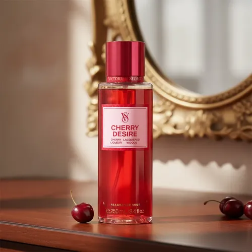 Mist corporal Victoria's Secret Cherry Desire de 250 ml sobre mesa de madera con cerezas frescas y espejo dorado al fondo.