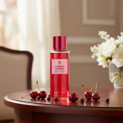 Body mist Victoria's Secret Cherry Desire de 250 ml junto a cerezas y flores blancas sobre mesa de madera.