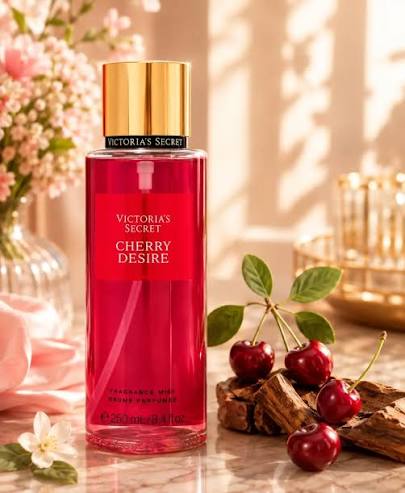 Mist corporal Victoria's Secret Cherry Desire de 250 ml con cerezas, canela y flores blancas sobre mármol.