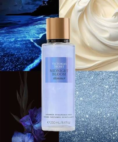 Gráfico promocional del shimmer mist Victoria's Secret Midnight Bloom con texturas de agua y brillo.