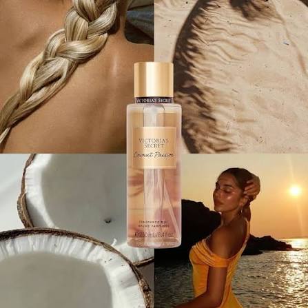 Body mist Victoria's Secret Coconut Passion de 250 ml sobre collage de mujer en la playa, trenza y coco.