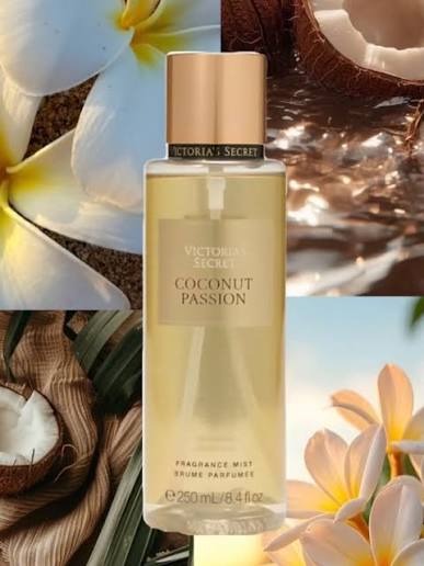 Body mist Victoria's Secret Coconut Passion de 250 ml sobre collage de playa, coco y flores.