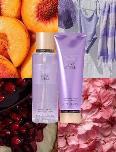 Set de body mist y loción Victoria's Secret Love Spell sobre collage de duraznos, cerezas y flores de cerezo.