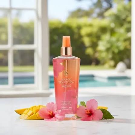 Botella de mist Victoria's Secret Mango Temptation de 250 ml junto a una piscina con rodajas de mango y flores de hibisco.
