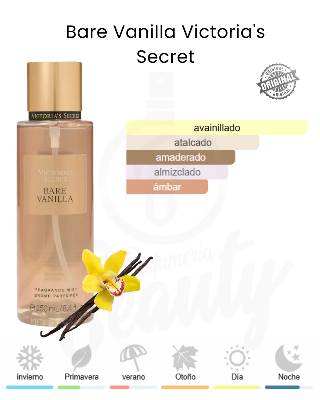 Gráfico promocional del body mist Victoria's Secret Bare Vanilla con perfil olfativo avainillado, atalcado y amaderado.