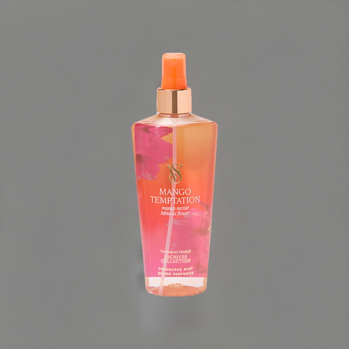 Frasco de body mist Victoria's Secret Mango Temptation de 250 ml sobre fondo gris.
