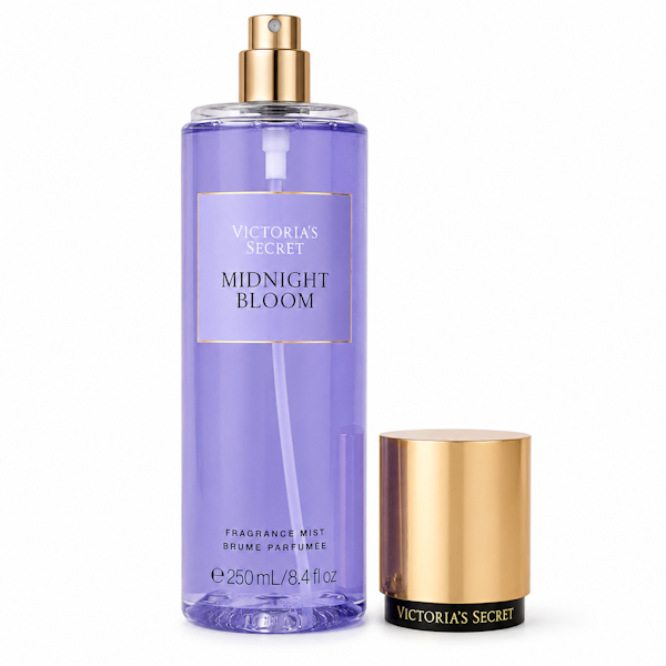 Botella de body mist Victoria's Secret Midnight Bloom de 250 ml con tapa dorada abierta.